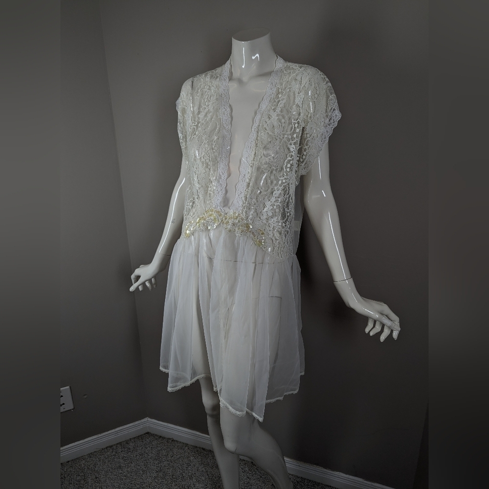 Vintage Val Mode White Lace Bridal Lingerie Dress Sheer Nylon USA S